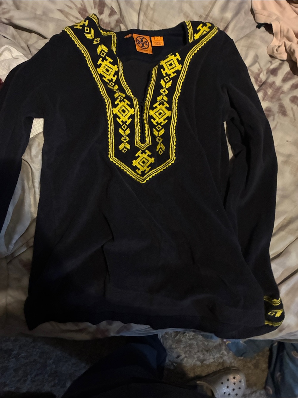 Tory Burch Navy Knit Top with Yellow Embroidered V-Neck